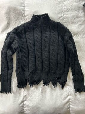 Newbury Kustom Black Distressed Cable Turtleneck Crop Sweater